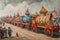 A Painting of a Train With People Gathering Around, Antique Hallow\\\'s carnival procession with garishly painted wagons, AI