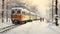 A Painting Of A Train In The Snow: Realistic Figurative Art In Light Orange And Bronze