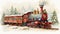 A painting of a train on a track. Christmas steam train.