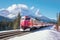 A painting of a train on a train track. A modern freight locomotive moves through a snow-covered forest in the mountains in winter