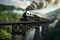 A painting of a train on a train track. The steam locomotive moves along the bridge over the arm at high altitude along the