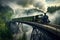 A painting of a train on a train track. The steam locomotive moves along the bridge over the arm at high altitude along the