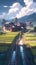 A painting of a train traveling through a rural countryside. AI generative image.