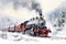 A painting of train traveling through the snow. Christmas steam train.