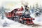 A painting of a train traveling through a snowy forest. Generative AI. Christmas steam train.
