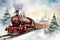 A painting of a train traveling through snowy landscape. Christmas steam train.