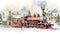 A painting of a train traveling through a snowy town. Generative AI. Christmas steam train.