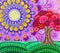 Painting, a tree, a blooming garden against a bright mandala. Bright colors.