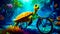 Painting of turtle riding bike in the ocean with star light in the background. Generative AI