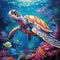 A painting of a turtle swimming in the ocean. Generative AI image.