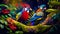 Painting of two colorful birds sitting on tree branch. Fantasy. Generative AI
