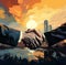 Painting of Two hands that say handshake in front of a city skyline