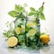 A painting of two mason jars with lemons and mint leaves. Generative AI image.