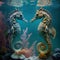 A painting of two seahorses that are facing each other.