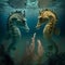 A painting of two seahorses that are facing each other.