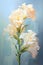 a painting of two white flowers on a blue background.Oil Painting Mint Gladiolus, Perfect for Wall Art.