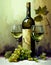 A painting of two wine glasses with a wine bottle in between, connected by vines. The background is of summer and autumn, with