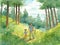 Painting using watercolor medium shows a father carrying his son on a sunny day, in a forest.