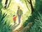 Painting using watercolor medium shows a father carrying his son on a sunny day, in a forest.