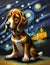 A painting of Van Gogh style, animal creatures of a dog, a basset hound dog with house in the starry night at the background