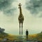 A painting of a very tall giraffe infront of a very short man