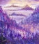 Painting of violet mountains and islands, vegetation, dawn, abstract landscape, mystical nature, post-apocalypse, sunset. Watercol