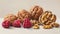 A painting of walnuts, raspberries and other nuts on a table, AI