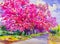 Painting watercolor landscape original pink red color of Wild himalayan cherry.