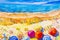 Painting watercolor seascape colorful of lovers, family vacation