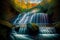 A Painting Of A Waterfall In The Woods. Generative AI