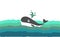 Painting of a whale swimming on the water surface, vector or color illustration