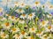 Painting of white daisies flowers, beautiful field flowers on canvas. Palette knife Impasto artwork.
