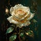 a painting of a white rose with gold leaves and a green background Ethereal Elegance A Cinematic