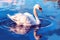 A painting of a white swan swimming in a lake. Generative AI image.