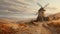 A painting of a windmill on a hill. Generative AI image.