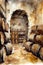 A painting of a wine cellar with barrels. Generative AI image.