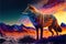 a painting of a wolf standing in a desert landscape with mountains in the background and a bright orange sky above it, with a