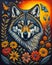 A painting of a wolf surrounded by flowers and butterflies, fantasy wolf.