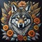 A painting of a wolf surrounded by sunflowers, alpha wolf head.