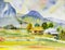 Paintings watercolor landscape of home in mountain