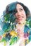 A paintography portrait of a half smiling young woman with curly hair holding her chin and colorful foliage painting