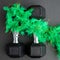 Pair of 15-pound dumbbells on a black gym floor, green feather boa