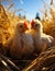 A pair of adorable baby chicks perched on a golden field of dried grass