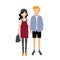 Pair of adorable man and woman in trendy outfits standing together and holding hands. Cute modern couple. Cartoon