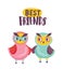 Pair of adorable owls and Best Friends inscription written with calligraphic font. Happy funny owlets isolated on white