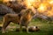 Pair adult Lions playing in zoological garden