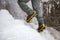 Pair of alpinist boots in crampons