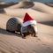 A pair of armadillos wearing Santa hats and rolling in the snowy desert sand3