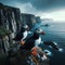 A pair of Atlantic puffins perched on a rugged cliff overlooking the sea