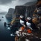 A pair of Atlantic puffins perched on a rugged cliff overlooking the sea